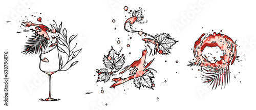 Wine designs for wine lovers. Sketch vector illustration. Hand drawn elements for invitation cards, advertising banner and menu cards. Splashing wine.