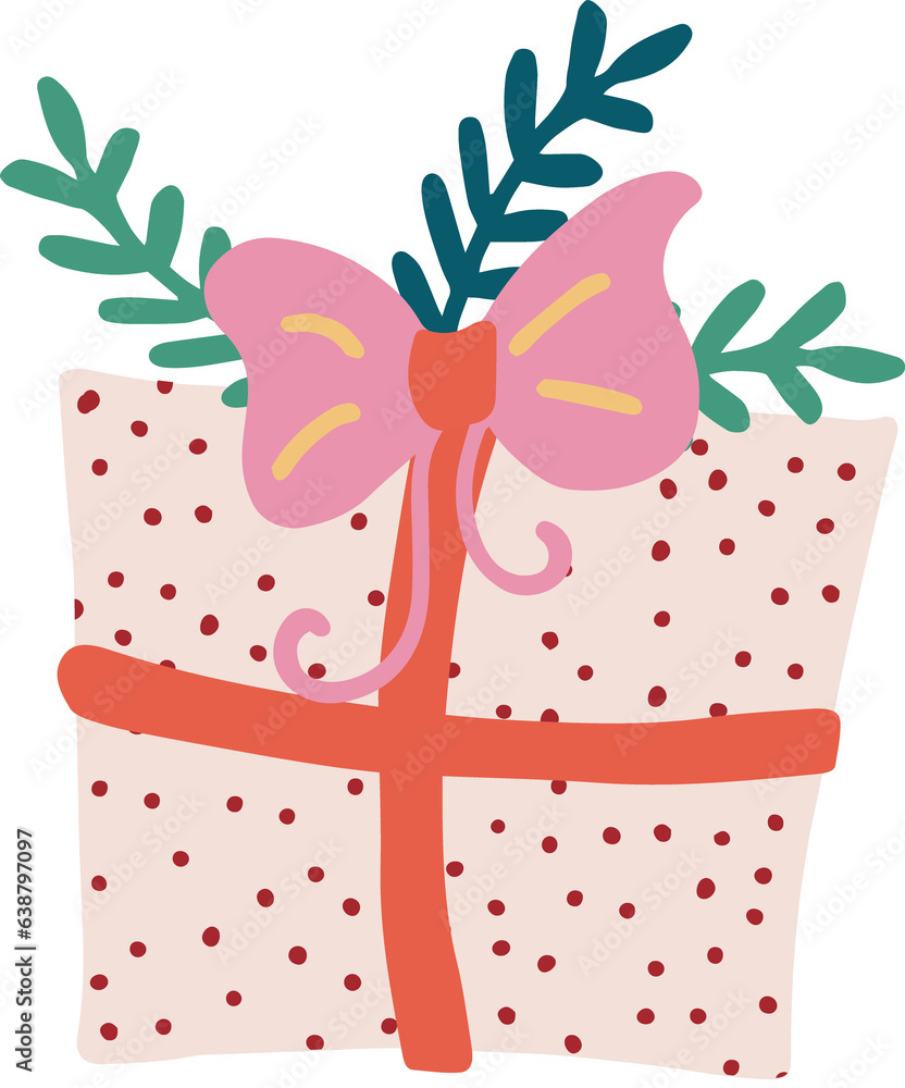 Christmas gift with bold bow and leaves. Festive trendy composition. Hand drawn modern vector isolated clipart Christmas gift with bold bow and leaves. Festive trendy composition. Hand drawn modern vector isolated clipart