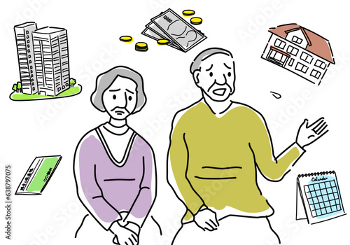 不動産について相談する老夫婦のシンプル線画イラスト