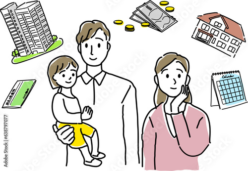 住宅の購入を検討する若い夫婦のシンプル線画
