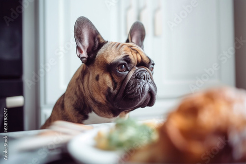 French Bulldog dog siiting in front of kitchen table with roasted chicken.  © Firn