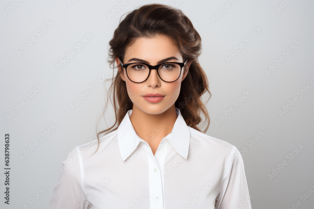 Woman wearing glasses and white shirt with ponytail in her hair. Woman wearing glasses and white shirt with ponytail in her hair.
