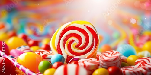 A close-up of a candy cane and a lolly against a vibrant dessert backdrop. Generative Ai.