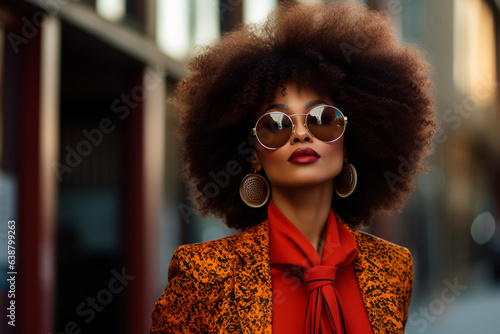 black woman with afro hair wearing jacket and colorful shirt. orange color and flower print. scarf and sunglasses. womanbusiness photo