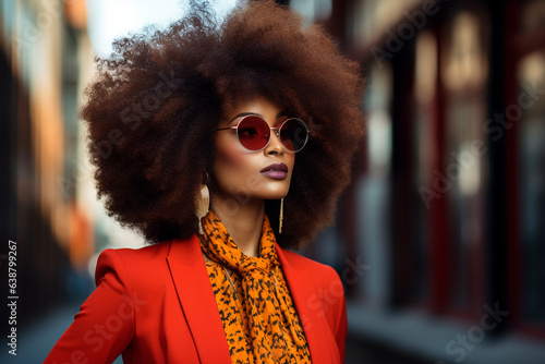 black woman with afro hair wearing jacket and colorful shirt. orange color and flower print. scarf and sunglasses. womanbusiness