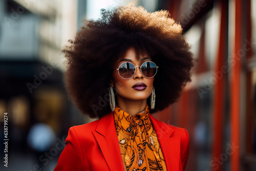 black woman with afro hair wearing jacket and colorful shirt. orange color and flower print. scarf and sunglasses. womanbusiness photo