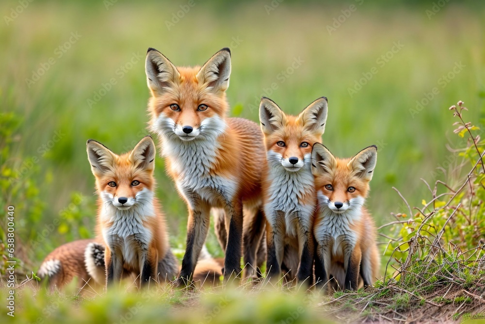 Captivating Image of a fox and Her Charming Fox Babies Exploring the Wild Forest Captivating Image of a fox and Her Charming Fox Babies Exploring the Wild Forest