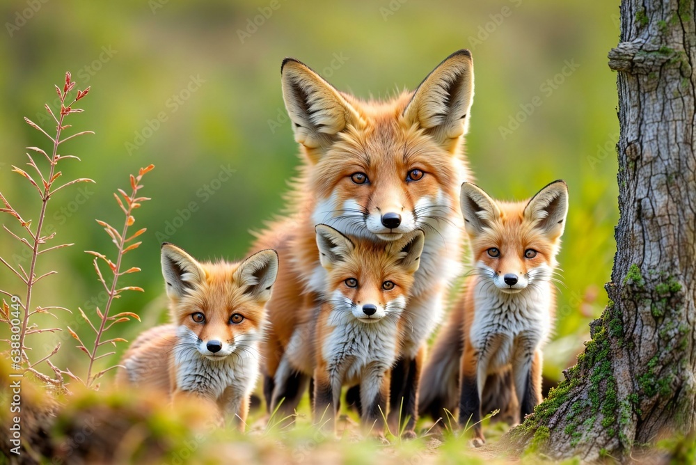 Captivating Image of a fox and Her Charming Fox Babies Exploring the Wild Forest Captivating Image of a fox and Her Charming Fox Babies Exploring the Wild Forest