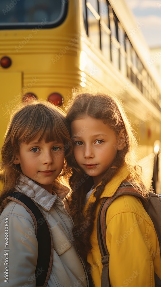 Happy children in front of yellow school buss. A group of kids learn and study at school. Learning and education concept. Happy children in front of yellow school buss. A group of kids learn and study at school. Learning and education concept.