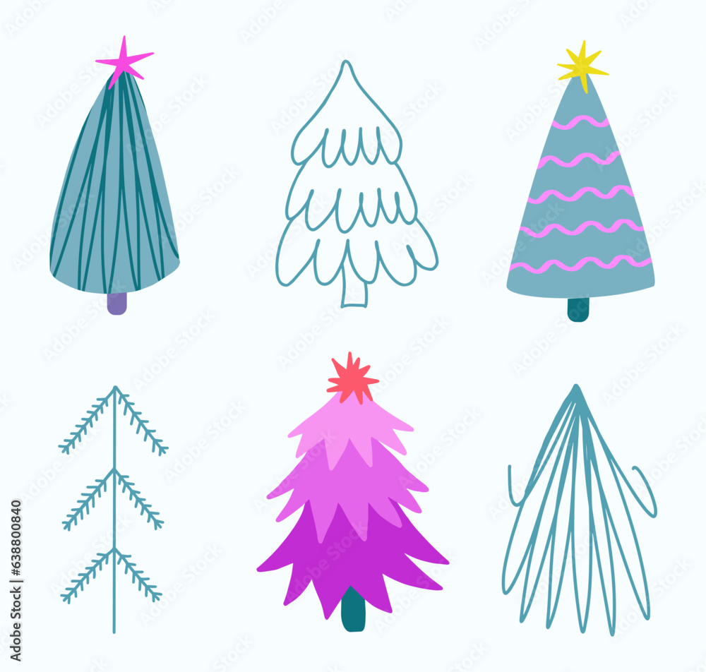 Set of vivid christmas trees. Christmas festive trendy firs with stars. Hand drawn vector isolated clipart