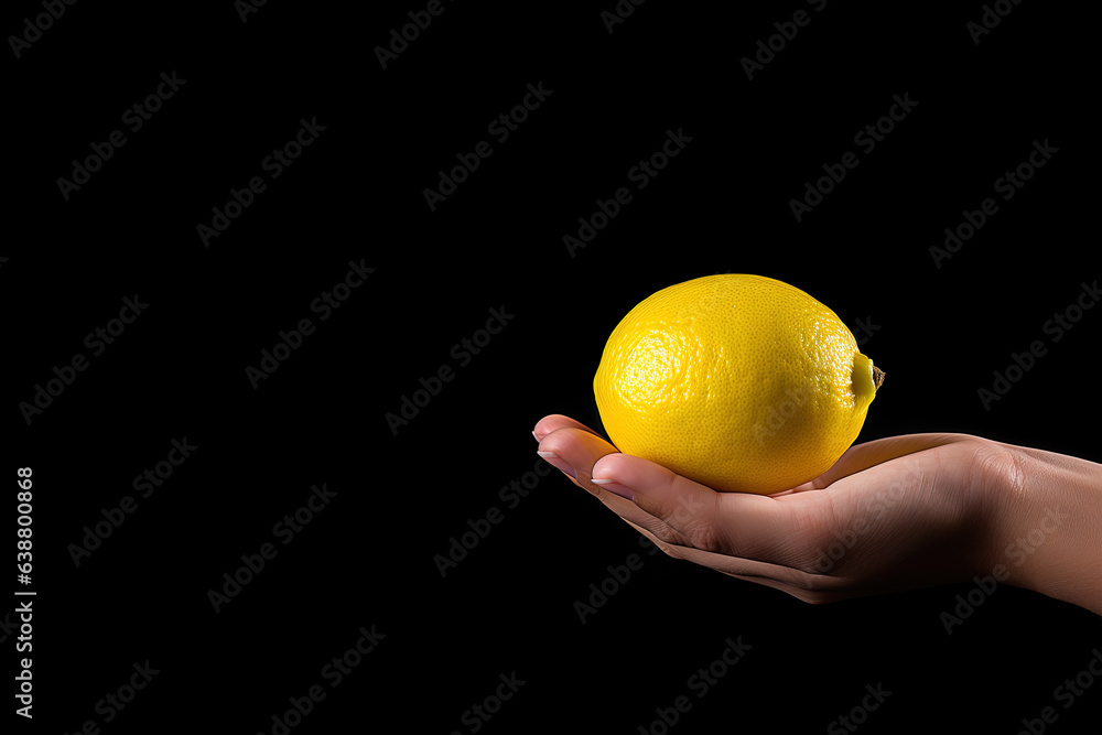 Lemon in hand isolated on black background with copy space Lemon in hand isolated on black background with copy space