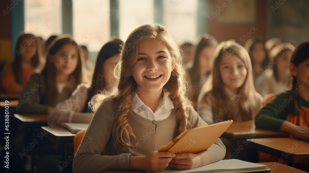 Obraz premium Happy children study in the classroom. A group of kids learn at school. Learning and education concept.