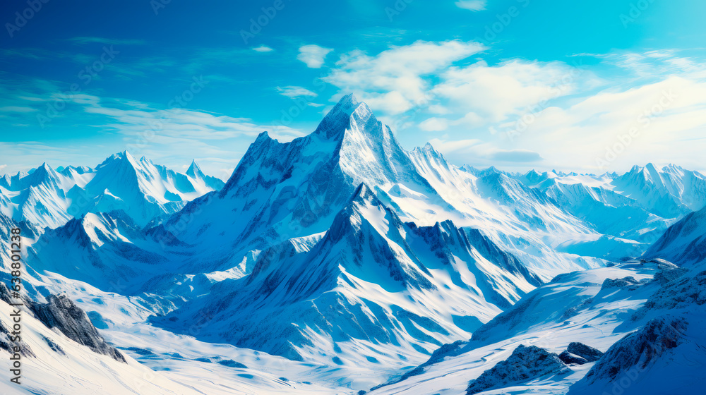 A breathtaking landscape of a snowy mountain range at bright sunny day