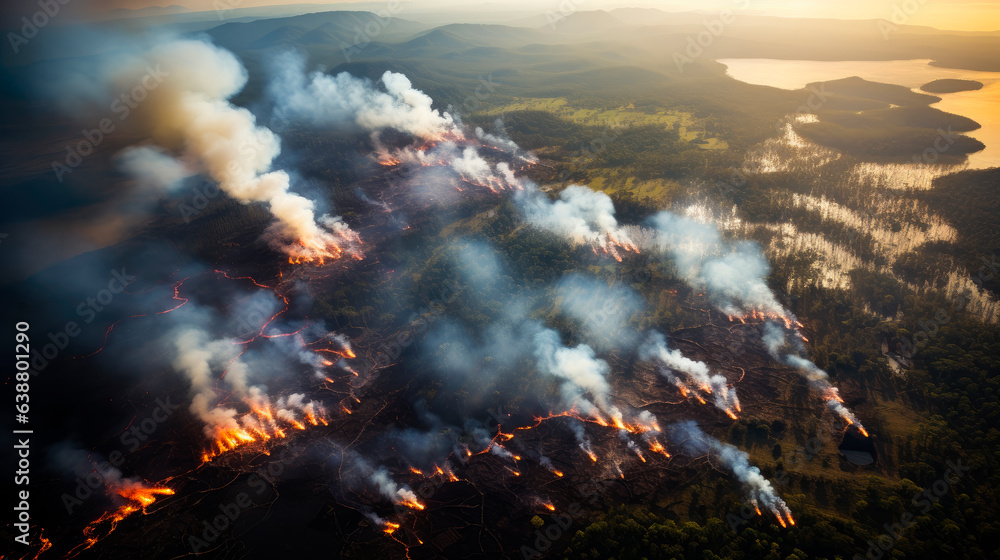 Aerial view of ecological disaster of wildfire in the tropical forest