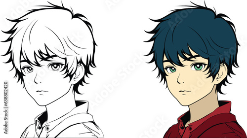 Cartoon boy with tinted hair in japanese clothes. Hand drawn vector illustration. Contour picture for avatar, coloring book, mobile games etc.