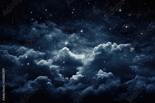 Black dark blue night sky with stars. White cumulus clouds. Moonlight, starlight.