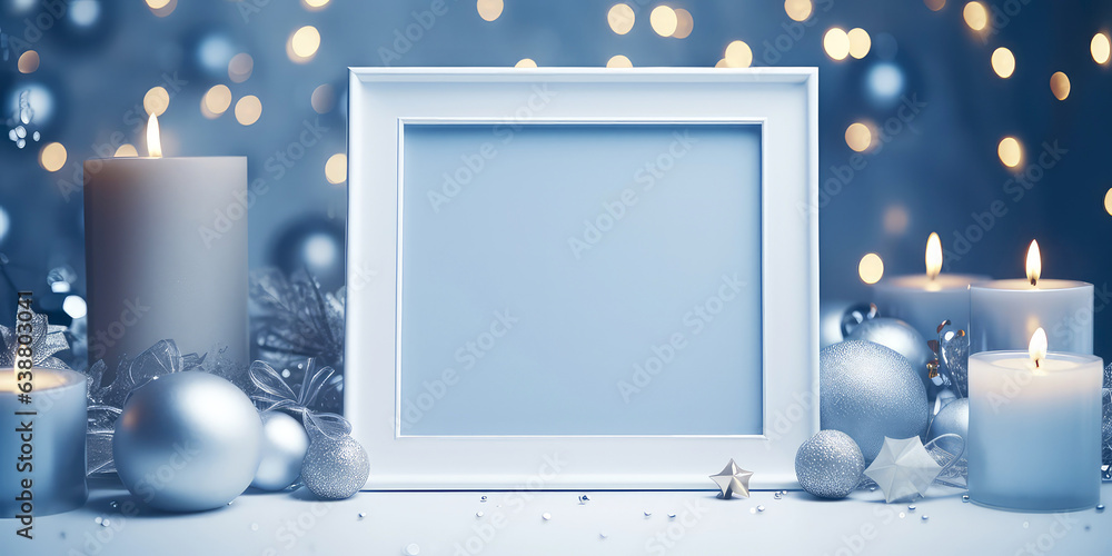 New Year and Christmas holidays blue mockup. Empty frame, candles, silver shiny decoration with copy space. Xmas celebration template. Generative ai New Year and Christmas holidays blue mockup. Empty frame, candles, silver shiny decoration with copy space. Xmas celebration template. Generative ai