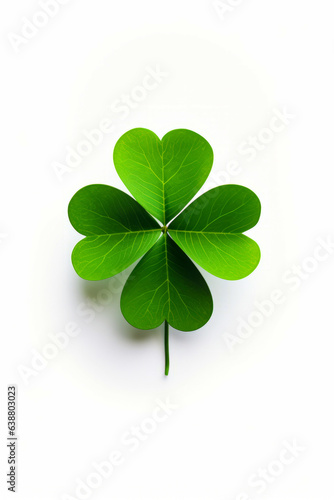 Four leaf clover is shown on white background with green stem.