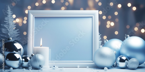New Year and Christmas holidays blue mockup. Empty frame  candles  silver shiny decoration with copy space. Xmas celebration template. Generative ai