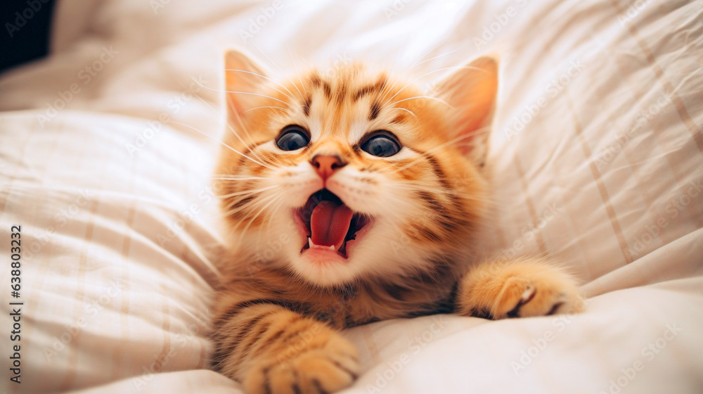 Defocused cute ginger bengal kitten lying on bed and yawning. 