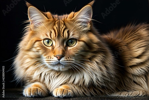 Majestic Siberian Cat Gracefully Resting Against a Black Background