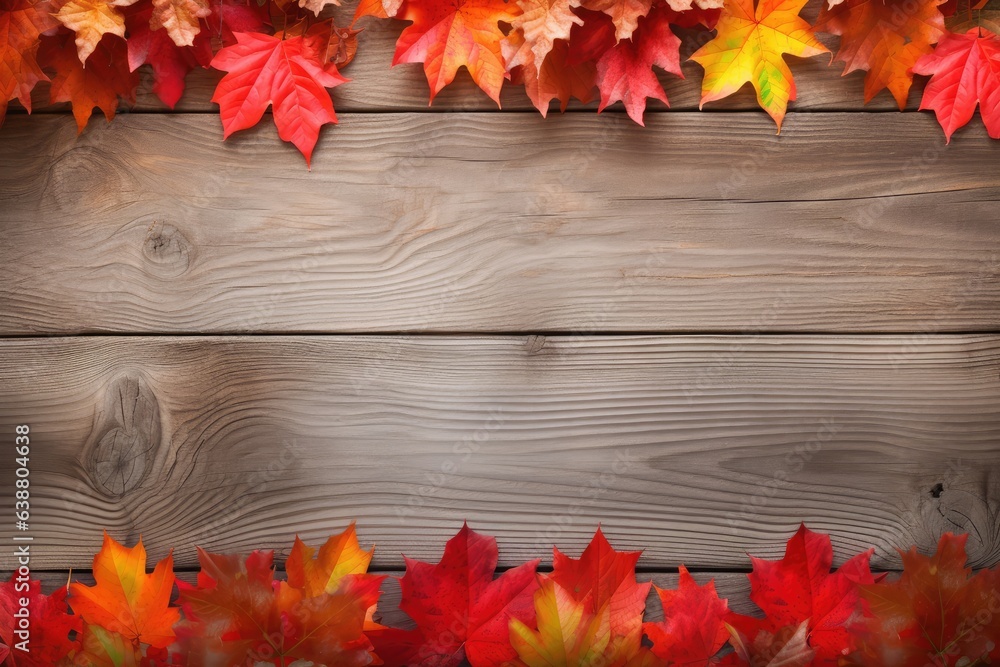 Rural autumn wooden background with a colorful leaf frame on a wooden wall. Rural autumn wooden background with a colorful leaf frame on a wooden wall.
