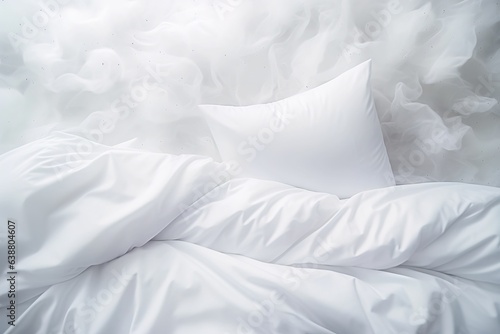 Pure white quilt and pillow with soft cloud as background, virtual cloud and white cup without label, home textile material