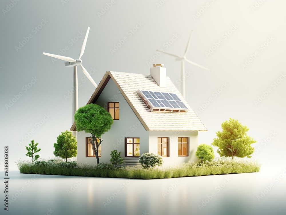 Layout with house, green trees and windmill. Concept of renewable energy and ecology, green energy. Layout with house, green trees and windmill. Concept of renewable energy and ecology, green energy.