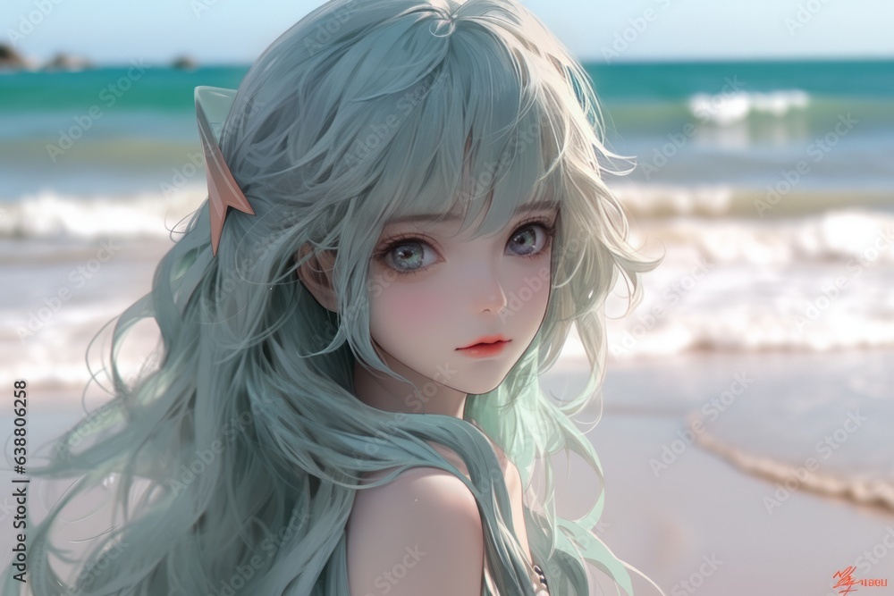 Anime girl on the beach with long flowing hair 3d render generative ai