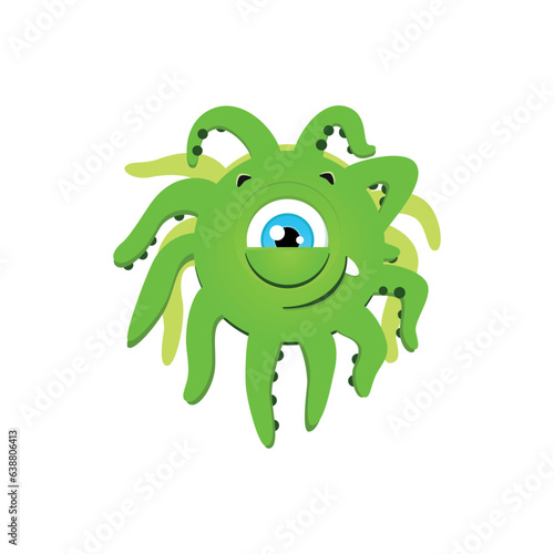 Funny green monster. Cartoon illustration of a smiling shyly one-eyed monster with tentacles isolated on a white background. Vector 10 EPS.