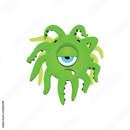 Funny green monster. Cartoon illustration of a sad one-eyed monster with tentacles isolated on a white background. Vector 10 EPS.