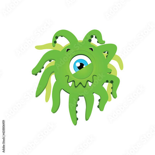 Funny green monster. Cartoon illustration of a crazy smiling one-eyed monster with tentacles isolated on a white background. Vector 10 EPS.
