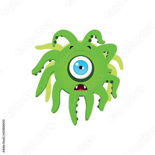 Funny green monster. Cartoon illustration of a scared one-eyed monster with tentacles isolated on a white background. Vector 10 EPS.