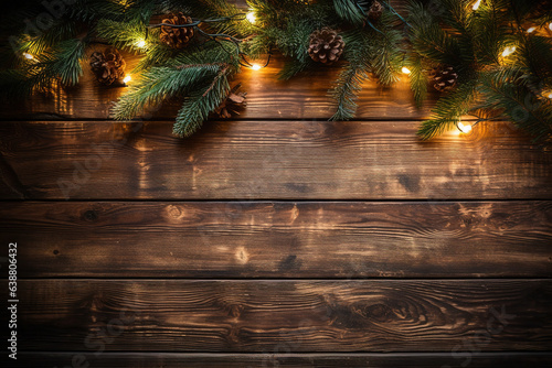 Christmas decoration of fir branches with christmast lights on rustic wooden planks.