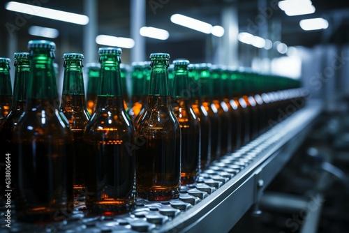 Conveyor belts shallow DOF spotlights beer bottles  showcasing manufacturing intricacies with focus Generative AI