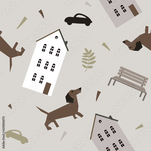 Vector seamless pattern with dachshund dogs and houses.