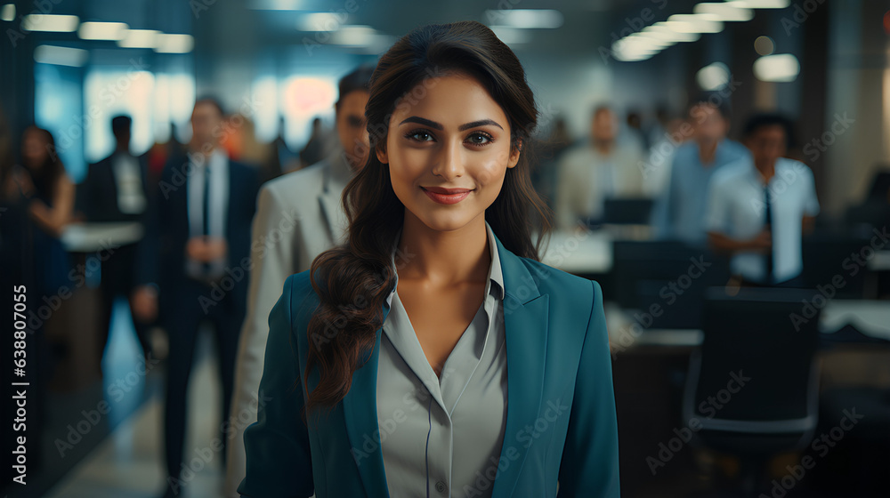 Fototapeta premium business woman and team. Angry , serious mood. modren office and tower view background.