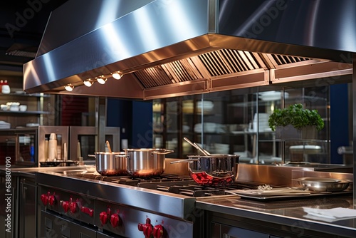kitchen metal hood with illumination close-up, extractor hood in the restaurant, electrical equipment for the kitchen