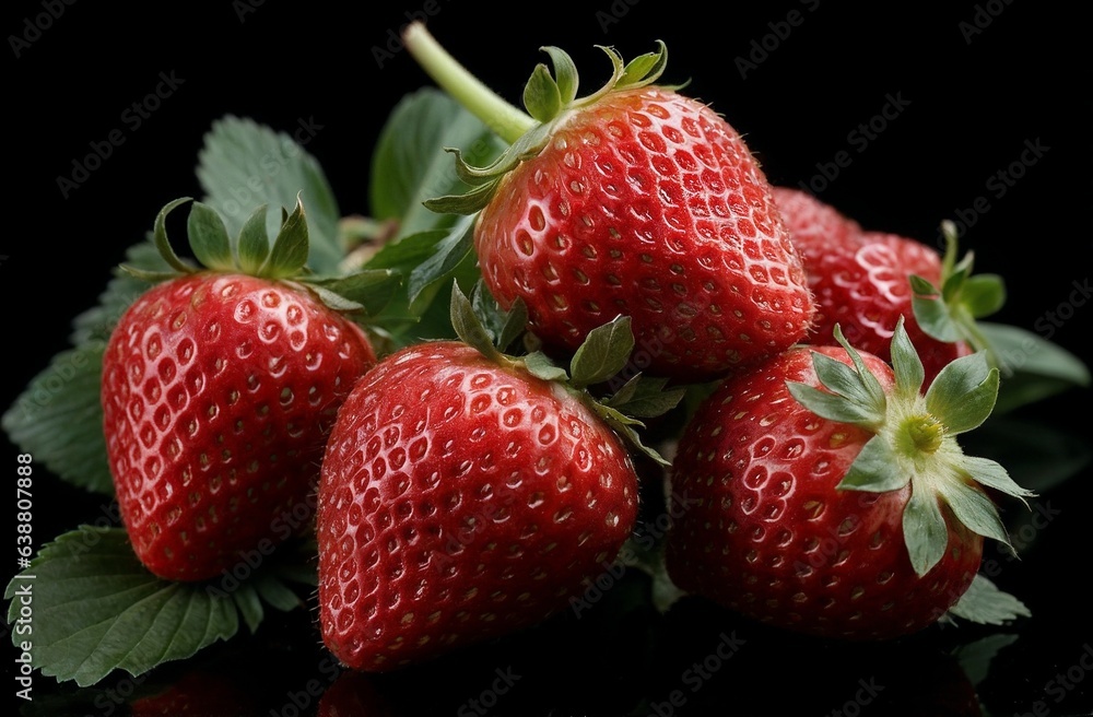 A group of strawberries with leaves on a black background with a reflection of the fruit A group of strawberries with leaves on a black background with a reflection of the fruit