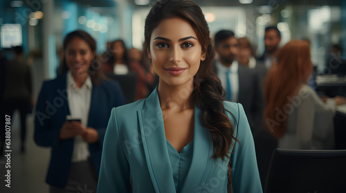 Indian young businesswoman in office and corporate background with happy face.