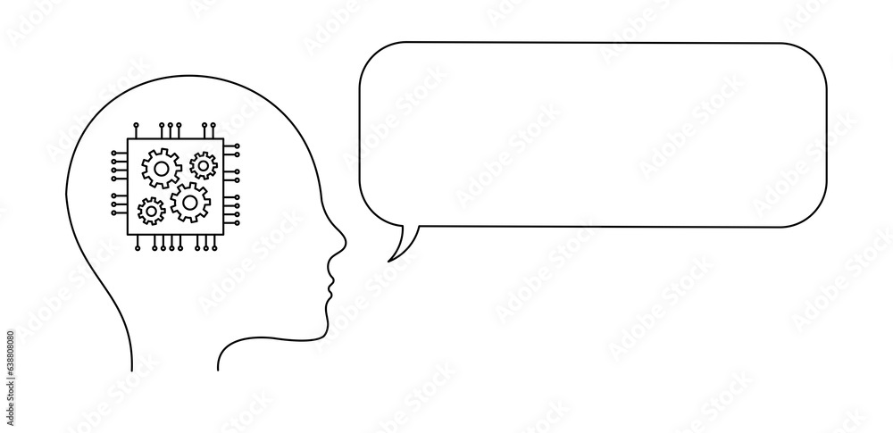 Artificial intelligence with a processor instead of a brain and a speech cloud. Vector outline illustration Artificial intelligence with a processor instead of a brain and a speech cloud. Vector outline illustration