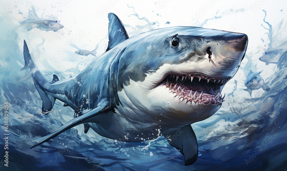 Obraz premium Underwater world, close-up shark swims at depth.