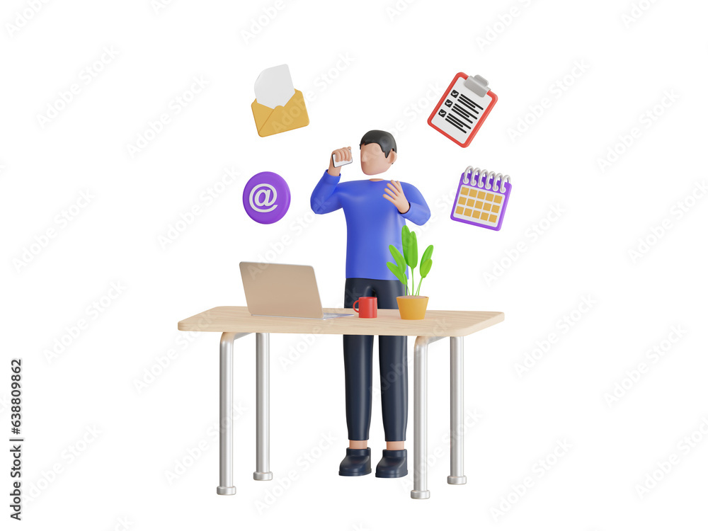 3D Illustration of Businessman Doing Multitasking Work At Workplace. multitasking or manage project, productivity or time management, workload balance or work responsibility.