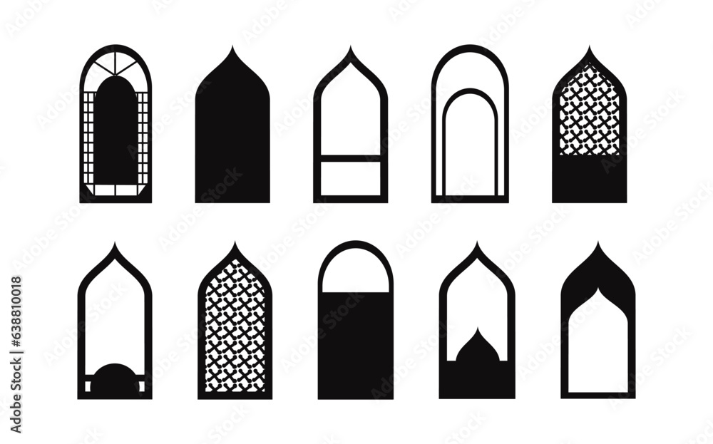 Set of black and white silhouettes of Islamic windows.Arab frame set.Ramadan kareem simbol icon. Set of black and white silhouettes of Islamic windows.Arab frame set.Ramadan kareem simbol icon.