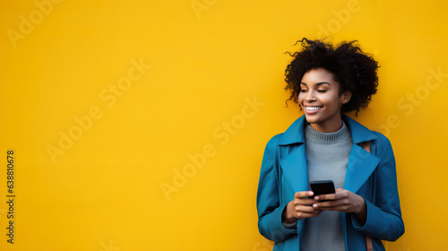 Woman Holding Phone in Front of Yellow Wall. Generative AI