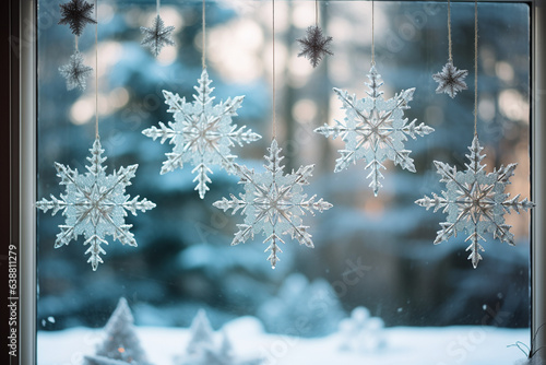 photo of sparkling snowflake decorations hanging from a window, capturing the delicate beauty of winter  © forenna