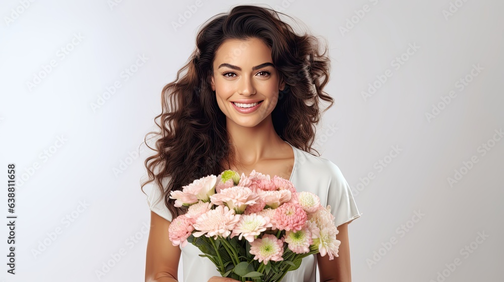 Happy satisfied cute, pretty, woman portrait isolated on white background with bouquet. Happy satisfied cute, pretty, woman portrait isolated on white background with bouquet.