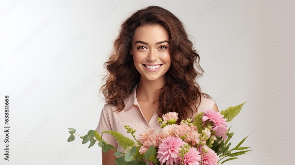 Happy satisfied cute, pretty, woman portrait isolated on white background with bouquet.