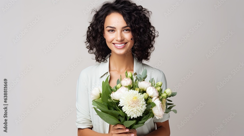 Happy satisfied cute, pretty, woman portrait isolated on white background with bouquet. Happy satisfied cute, pretty, woman portrait isolated on white background with bouquet.