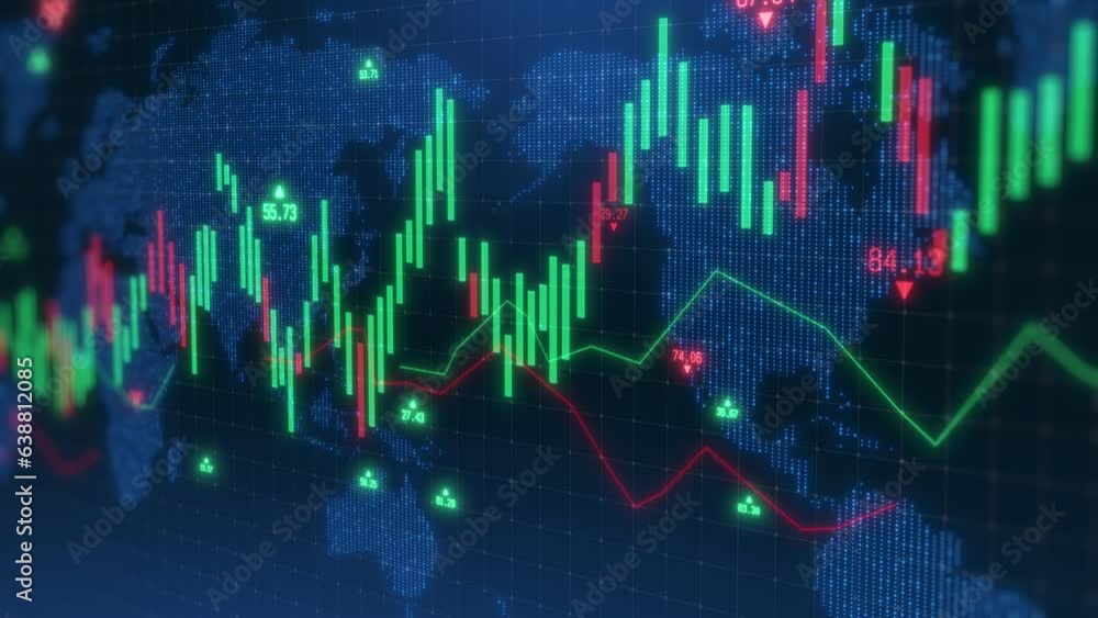 Stock Market Business Concept, abstract background, candlestick indicator and number running blue theme